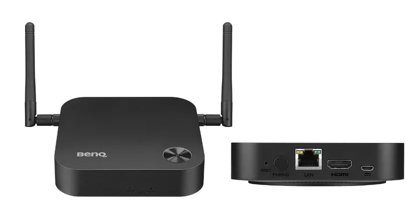 Tampilan depan dan belakang unit penerima BenQ InstaShow dengan port LAN dan HDMI.