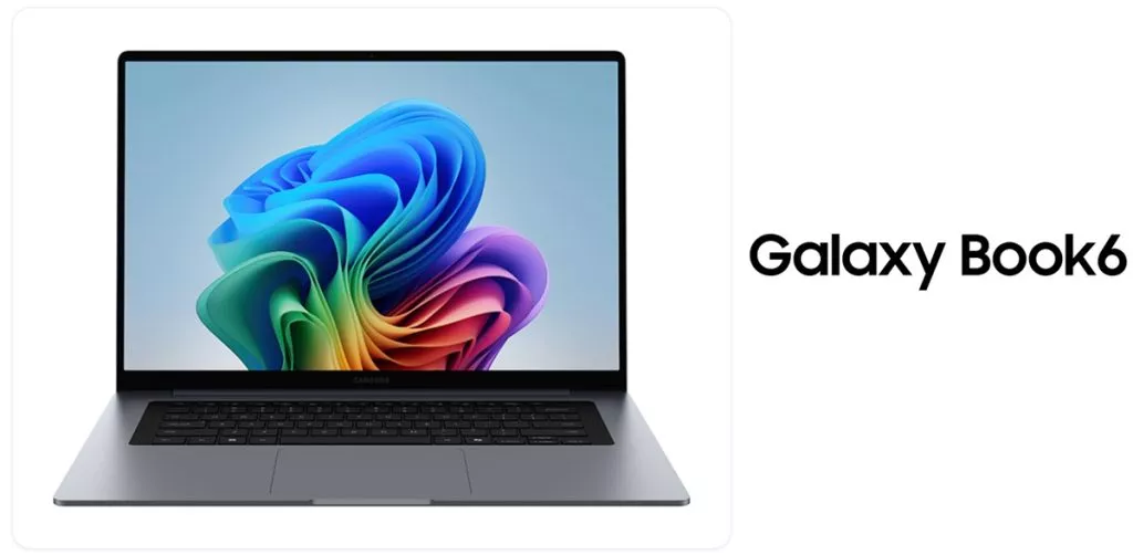 Produk shot Samsung Galaxy Book6 dengan wallpaper Windows 11 warna-warni.