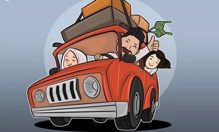 Ilustrasi kartun satu keluarga ceria melakukan mudik lebaran dengan mobil penuh muatan di atap, dilengkapi dekorasi ketupat.