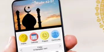 Tampilan antarmuka aplikasi ibadah Ramadhan 2026 dengan fitur jadwal salat, kalender hijriah, dan komunitas.