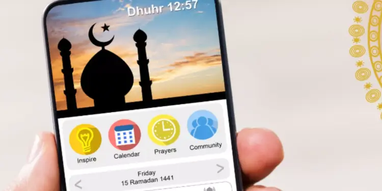 Tampilan antarmuka aplikasi ibadah Ramadhan 2026 dengan fitur jadwal salat, kalender hijriah, dan komunitas.