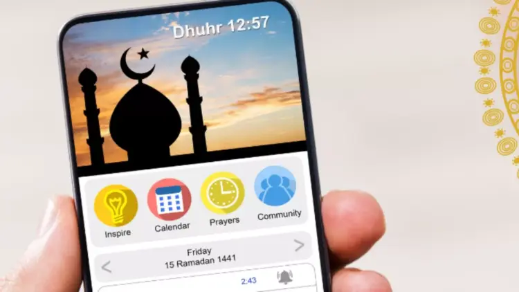 Tampilan antarmuka aplikasi ibadah Ramadhan 2026 dengan fitur jadwal salat, kalender hijriah, dan komunitas.