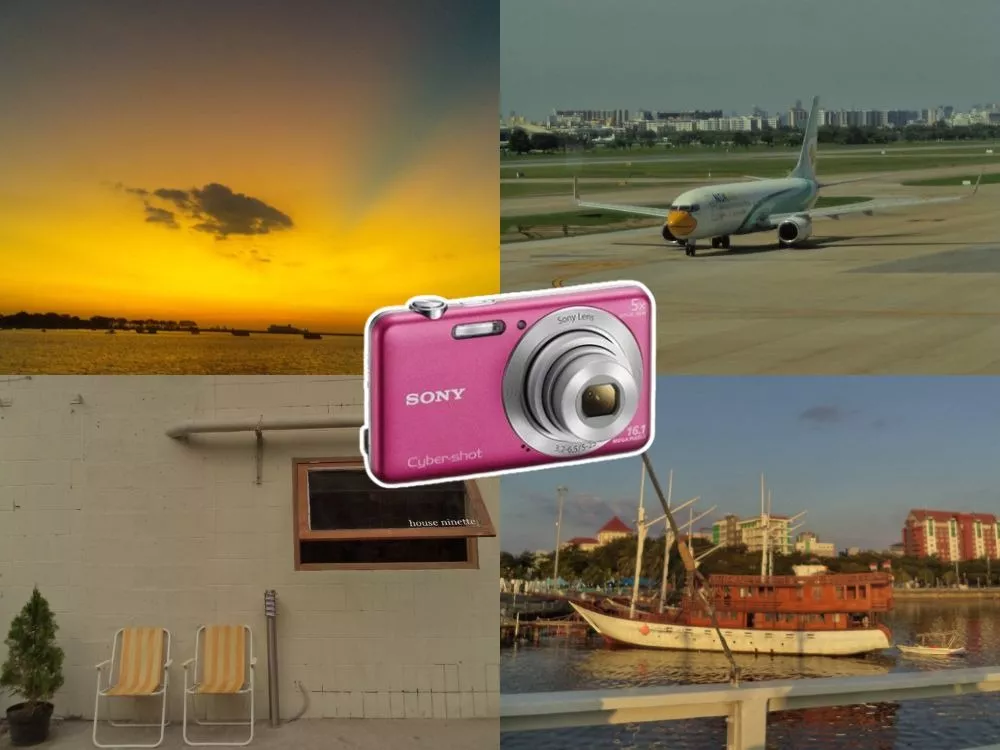Kamera Sony Cybershot warna pink beserta kolase hasil foto pemandangan, pesawat, dan kapal dengan nuansa warna hangat.