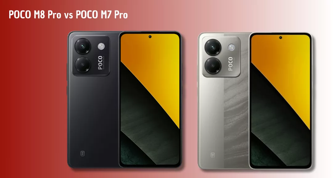 Sisi depan dan belakang smartphone POCO M8 Pro dalam varian warna hitam dan silver dengan wallpaper layar kuning hitam yang tajam.