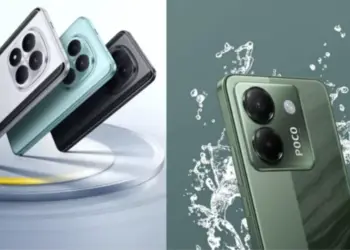 Koleksi warna POCO M8 Pro dan ilustrasi fitur ketahanan air pada bodi belakang smartphone.