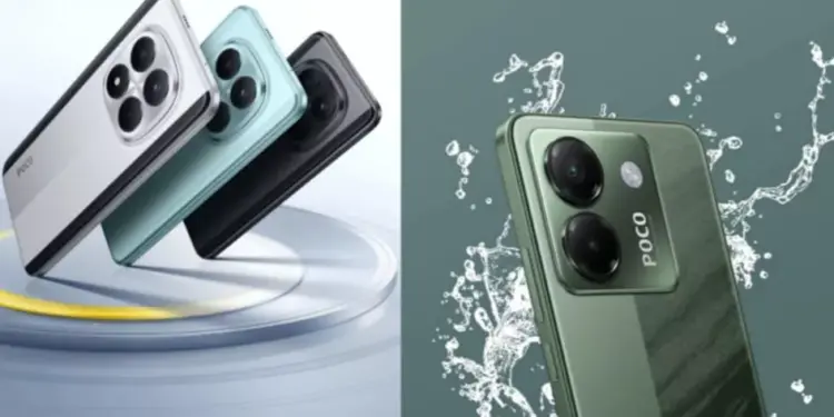 Koleksi warna POCO M8 Pro dan ilustrasi fitur ketahanan air pada bodi belakang smartphone.