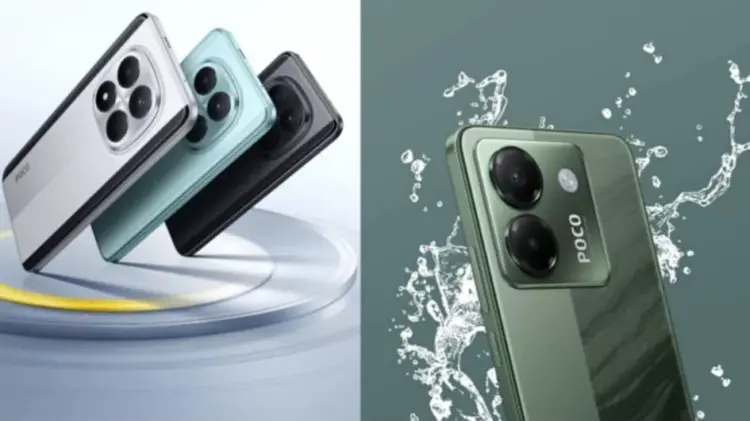 Koleksi warna POCO M8 Pro dan ilustrasi fitur ketahanan air pada bodi belakang smartphone.