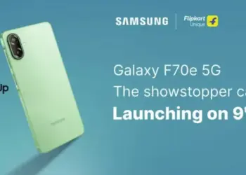 Poster peluncuran Samsung Galaxy F70e 5G di Flipkart pada tanggal 9 Februari.