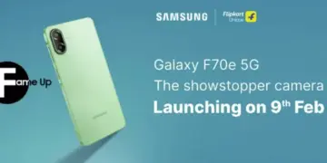 Poster peluncuran Samsung Galaxy F70e 5G di Flipkart pada tanggal 9 Februari.