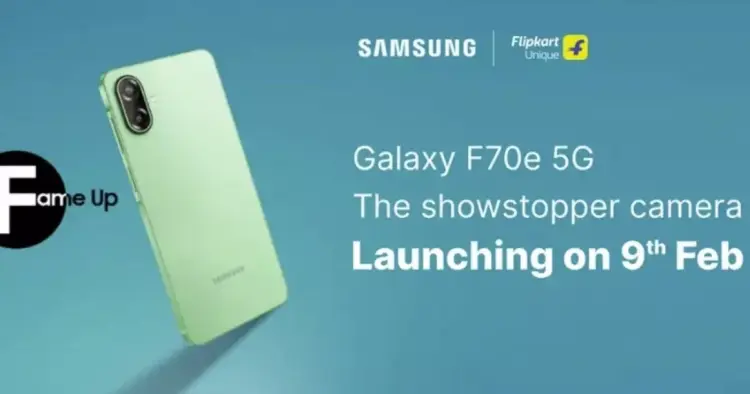 Poster peluncuran Samsung Galaxy F70e 5G di Flipkart pada tanggal 9 Februari.