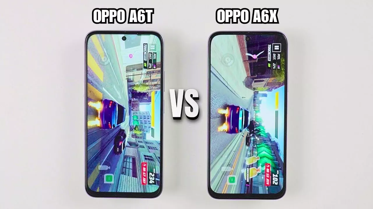 Perbandingan layar 120Hz OPPO A6t dan OPPO A6x saat menjalankan game balap mobil secara bersamaan.