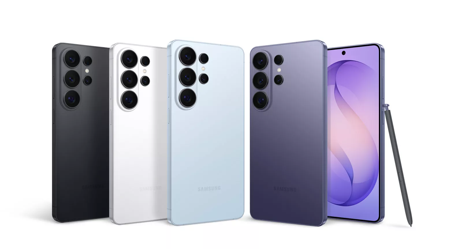 Jajaran pilihan warna Samsung Galaxy S26 Ultra lengkap dengan S-Pen, menunjukkan varian warna Titanium Black, White, Blue, dan Violet.