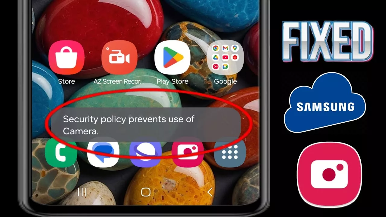 Layar Samsung dengan lingkaran merah pada pesan error Security policy prevents dan teks FIXED di pojok kanan.