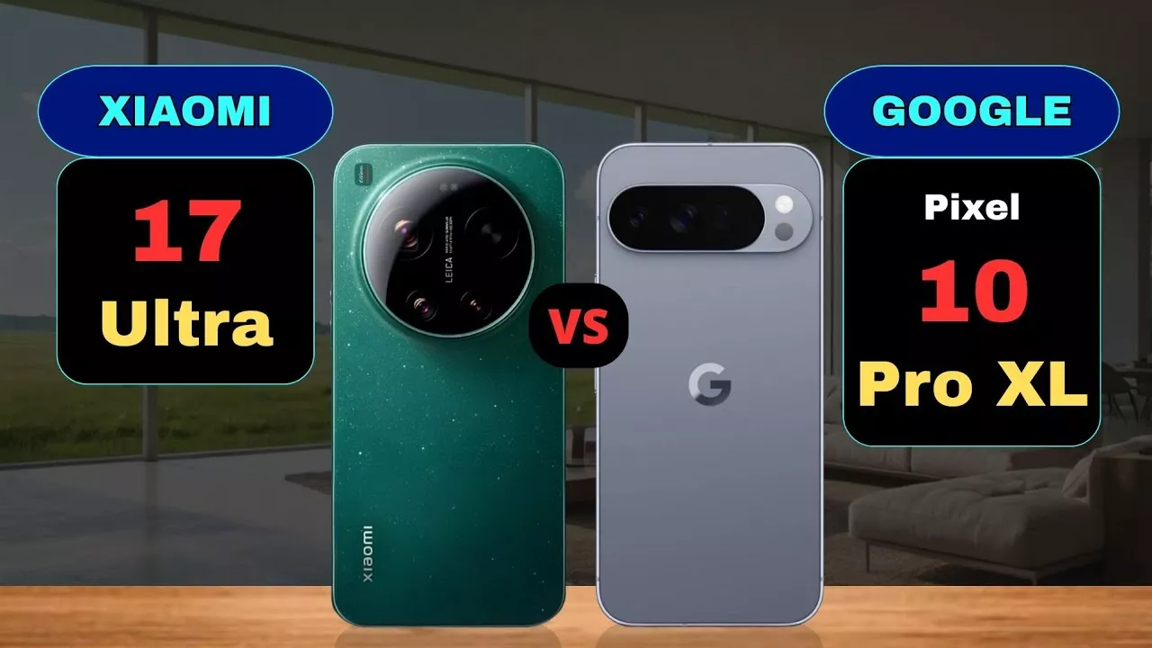 Varian warna hijau emerald Xiaomi 17 Ultra dibandingkan dengan warna abu-abu Google Pixel 10 Pro XL.