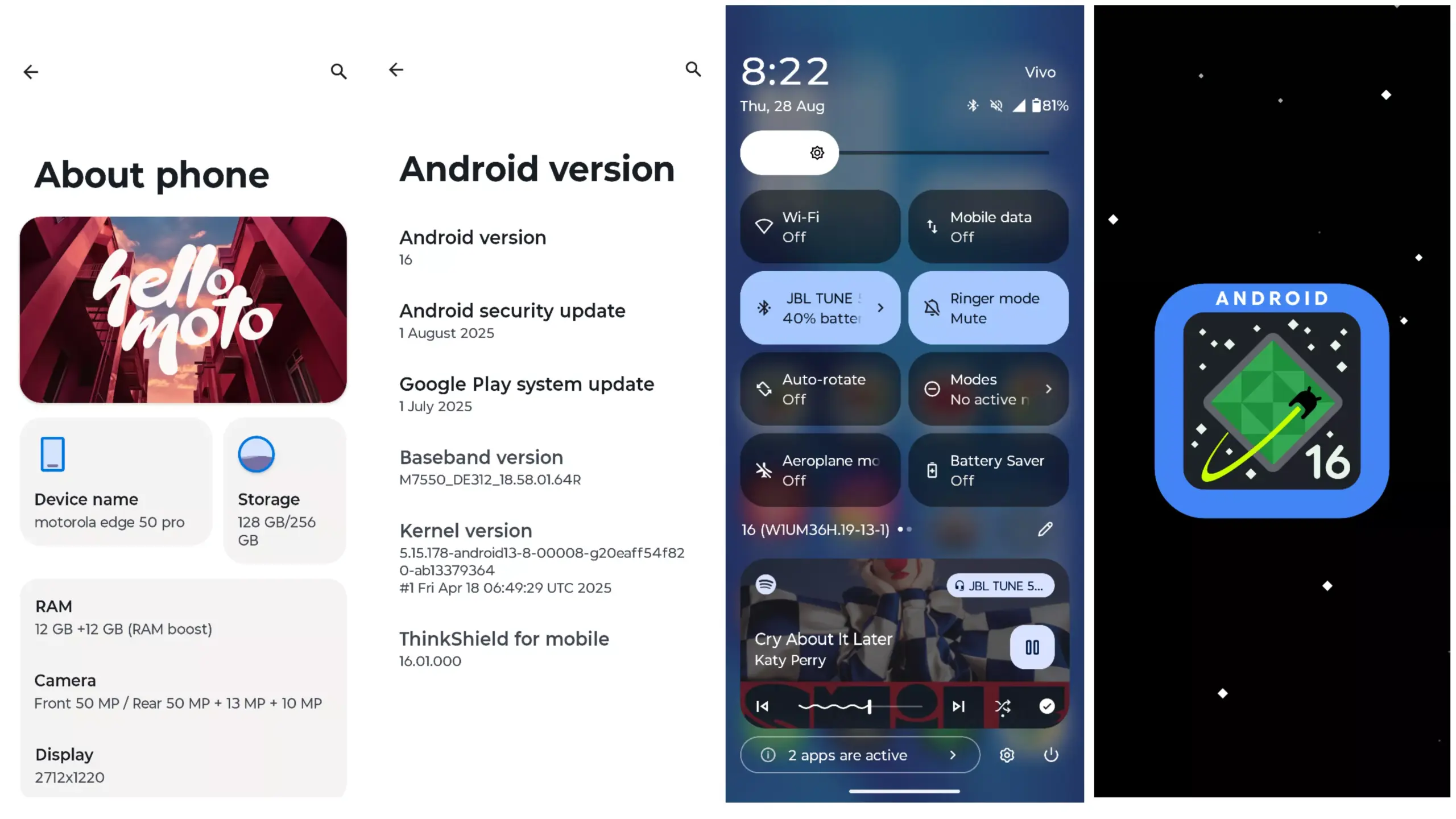 Tangkapan layar antarmuka Android 16 di Motorola Edge 50 Pro menunjukkan menu About Phone dan Quick Settings.