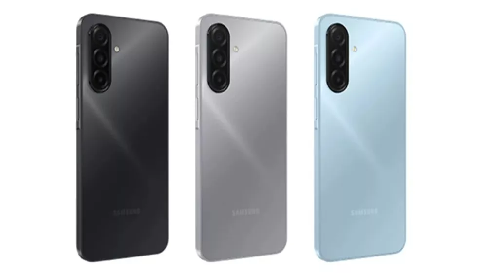 Tiga pilihan warna utama Samsung Galaxy A57: Hitam, Perak, dan Biru Muda dengan tekstur bodi yang glossy.