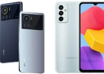 Render perbandingan desain bodi belakang Infinix Note 12 VIP dan tampilan depan belakang Samsung Galaxy M23 5G.