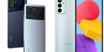 Render perbandingan desain bodi belakang Infinix Note 12 VIP dan tampilan depan belakang Samsung Galaxy M23 5G.