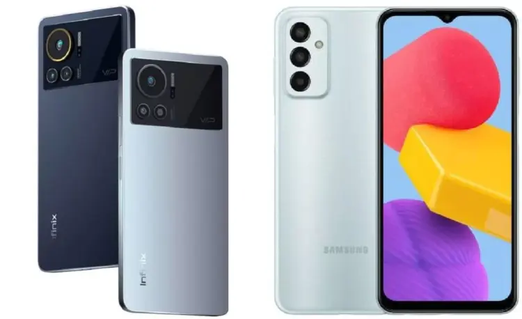 Render perbandingan desain bodi belakang Infinix Note 12 VIP dan tampilan depan belakang Samsung Galaxy M23 5G.