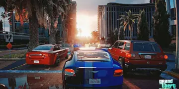 Deretan mobil mewah di jalanan kota dalam game GTA 6 saat matahari terbenam dengan kualitas grafis tinggi.