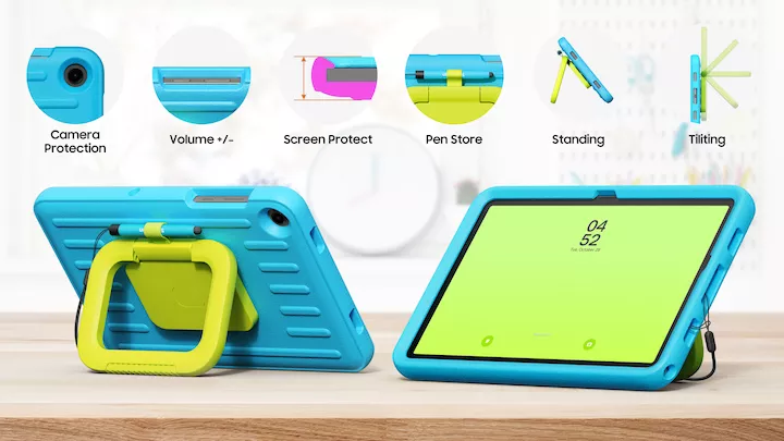 Detail fitur Kids Case Samsung Galaxy Tab A11 Kids Pack meliputi perlindungan kamera, tempat stylus, dan fungsi standing/tilting.