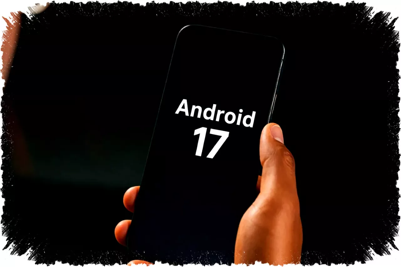 Seseorang memegang smartphone yang menampilkan teks Android 17 di layar hitam.