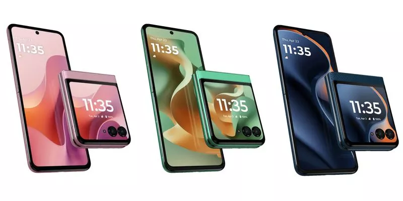 Perbandingan tampilan layar utama dan layar eksternal Motorola Razr 60 saat terbuka dan terlipat.