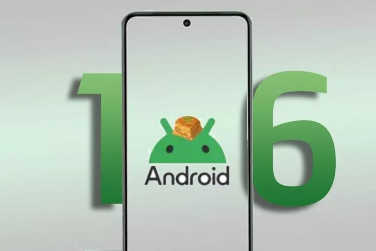 Tampilan layar depan smartphone yang menampilkan logo sistem operasi terbaru dengan latar belakang angka 16.