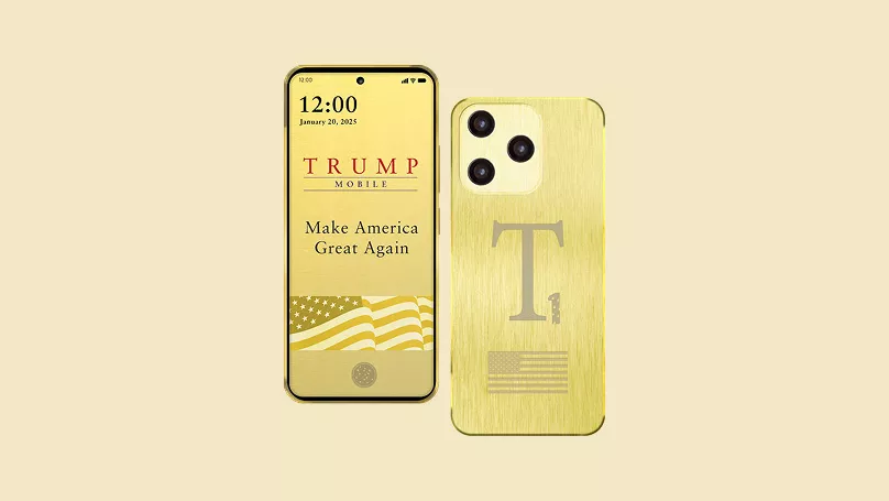 Tampilan depan dan belakang smartphone Trump Mobile T1 berwarna emas dengan ukiran bendera Amerika Serikat dan logo T1.