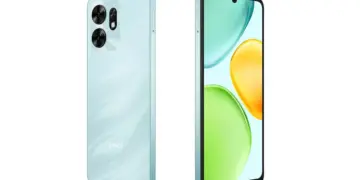 Tampilan depan dan belakang smartphone Honor X6d warna biru muda dengan tekstur bergelombang yang elegan.
