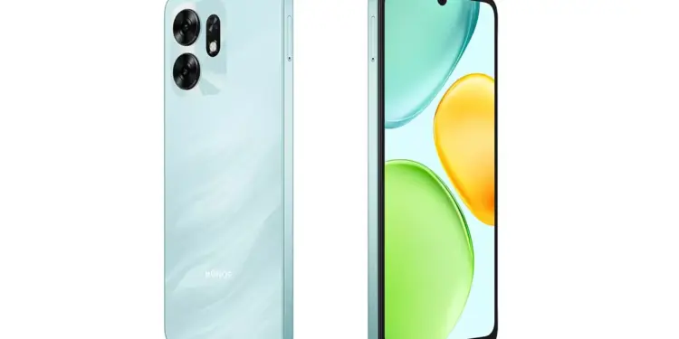 Tampilan depan dan belakang smartphone Honor X6d warna biru muda dengan tekstur bergelombang yang elegan.