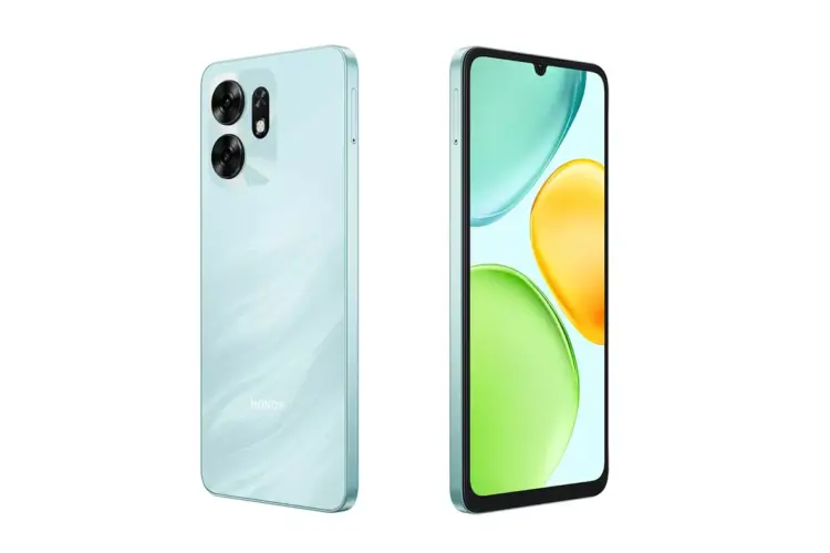 Tampilan depan dan belakang smartphone Honor X6d warna biru muda dengan tekstur bergelombang yang elegan.