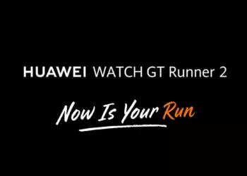Logo resmi Huawei Watch GT Runner 2 dengan slogan Now Is Your Run di atas latar belakang hitam.