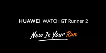 Logo resmi Huawei Watch GT Runner 2 dengan slogan Now Is Your Run di atas latar belakang hitam.