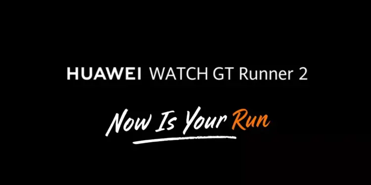 Logo resmi Huawei Watch GT Runner 2 dengan slogan Now Is Your Run di atas latar belakang hitam.