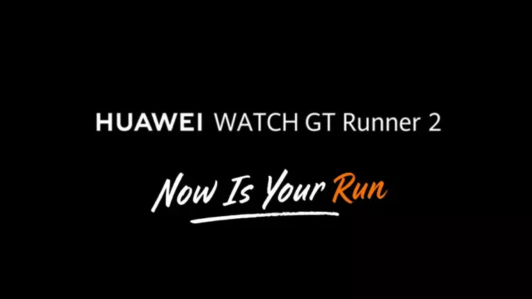 Logo resmi Huawei Watch GT Runner 2 dengan slogan Now Is Your Run di atas latar belakang hitam.