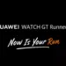 Logo resmi Huawei Watch GT Runner 2 dengan slogan Now Is Your Run di atas latar belakang hitam.