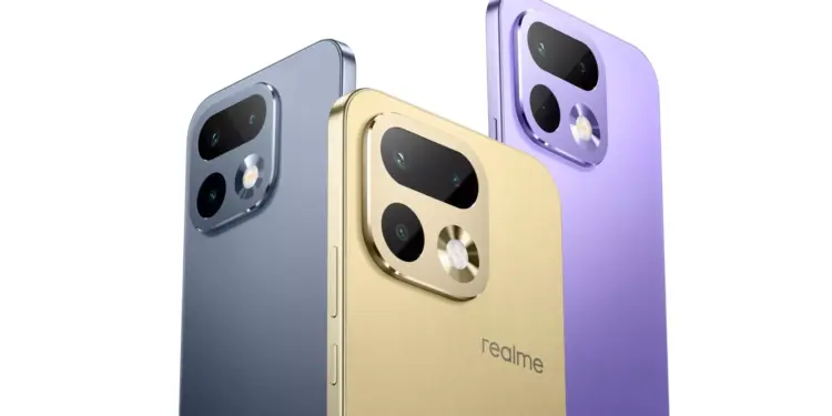 Tiga varian warna realme 16 series: Biru, Emas, dan Ungu dengan modul kamera kotak yang elegan.
