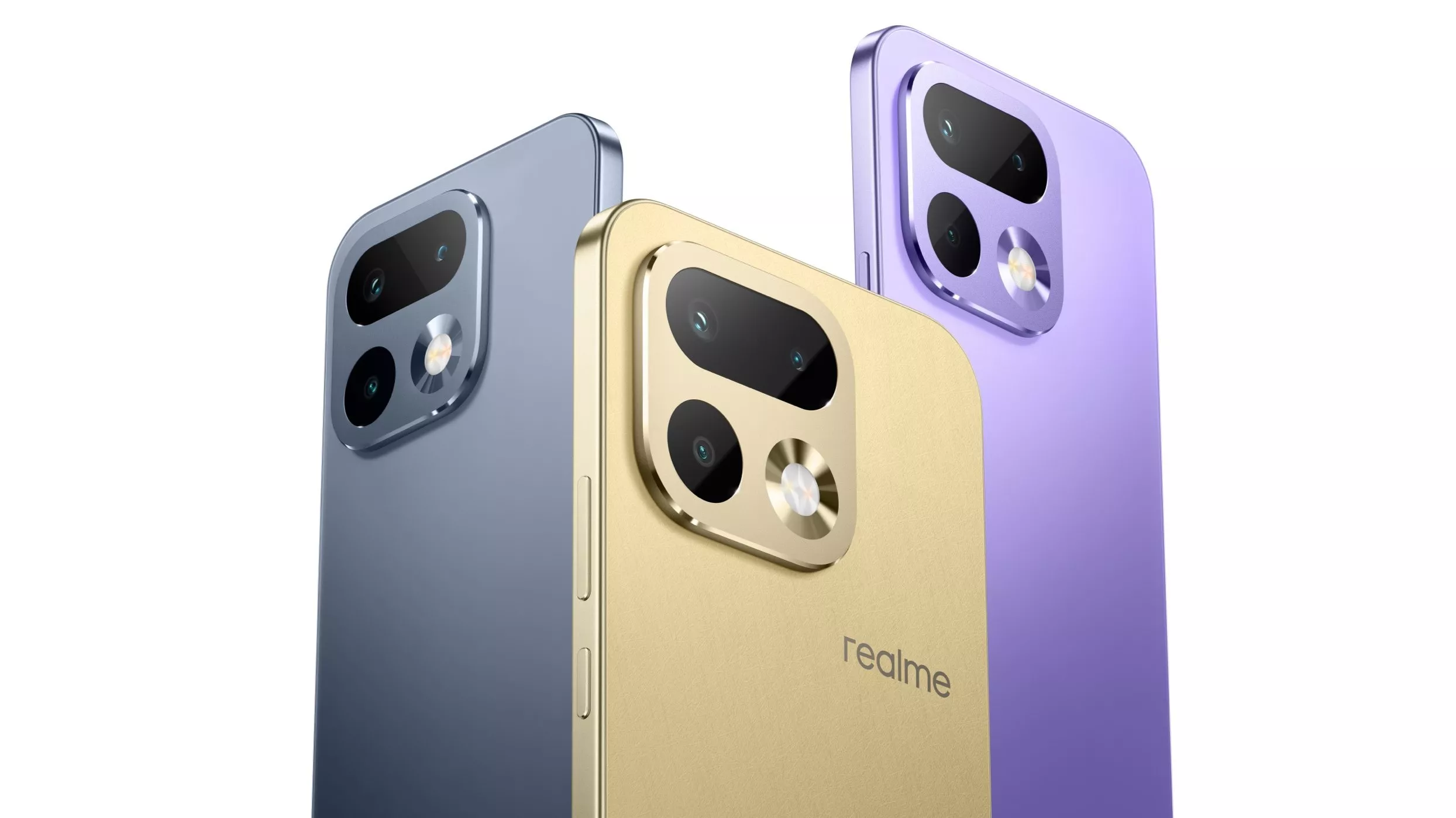 Tiga varian warna realme 16 series: Biru, Emas, dan Ungu dengan modul kamera kotak yang elegan.