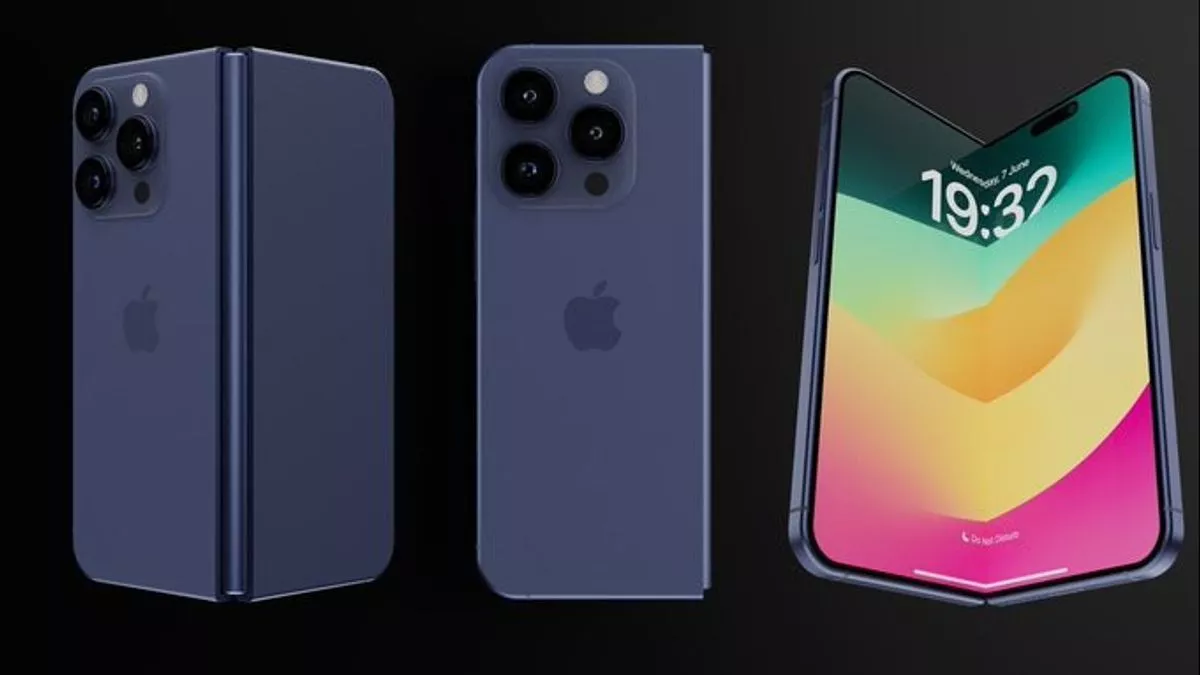Tampilan iPhone Fold varian warna biru dalam posisi tertutup, tampak belakang, dan layar terbuka.