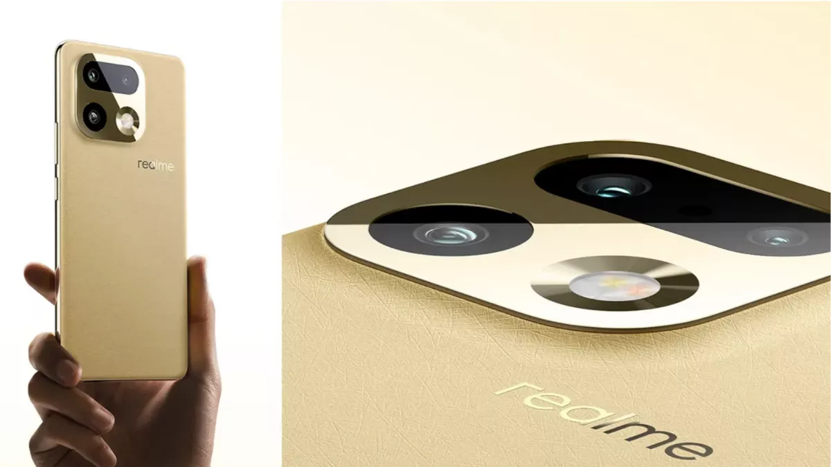 Detail modul kamera realme 16 Pro+ dengan tekstur bodi belakang seperti kulit premium.