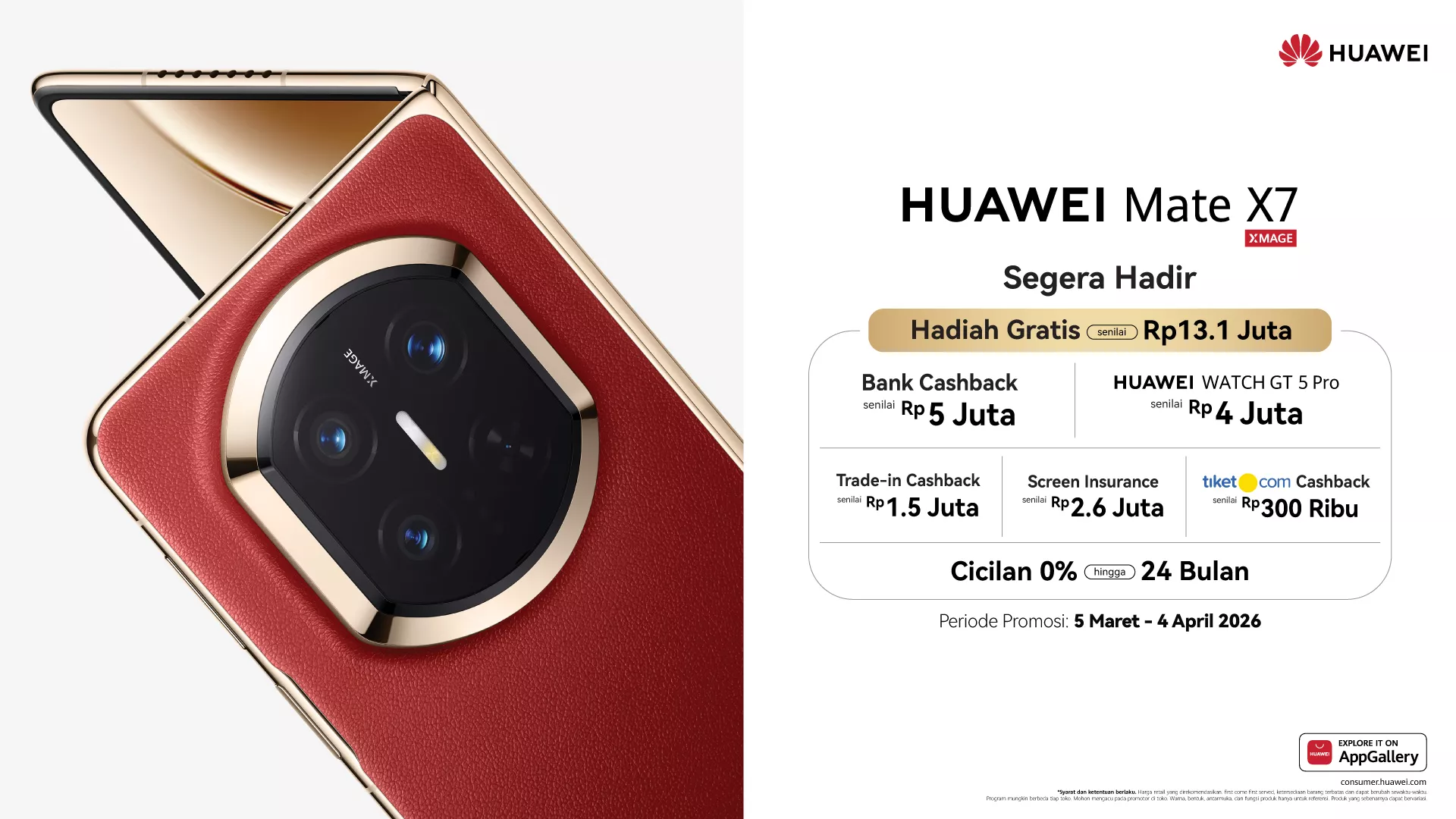 HUAWEI Mate X7 varian warna ungu dengan tekstur bodi kulit premium.