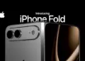 Teaser promosi bertuliskan Introducing iPhone Fold dengan latar belakang hitam dan modul kamera perak.