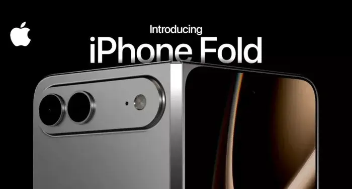 Teaser promosi bertuliskan Introducing iPhone Fold dengan latar belakang hitam dan modul kamera perak.