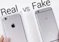 Perbandingan langsung iPhone asli vs palsu dengan tulisan Real vs Fake untuk panduan perbedaan iPhone ori dan KW.