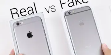 Perbandingan langsung iPhone asli vs palsu dengan tulisan Real vs Fake untuk panduan perbedaan iPhone ori dan KW.
