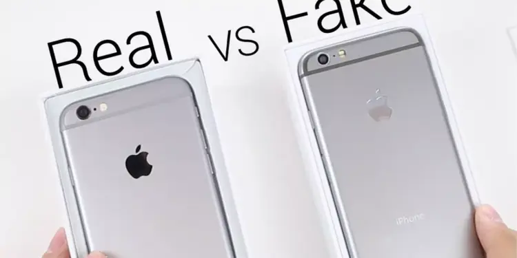 Perbandingan langsung iPhone asli vs palsu dengan tulisan Real vs Fake untuk panduan perbedaan iPhone ori dan KW.