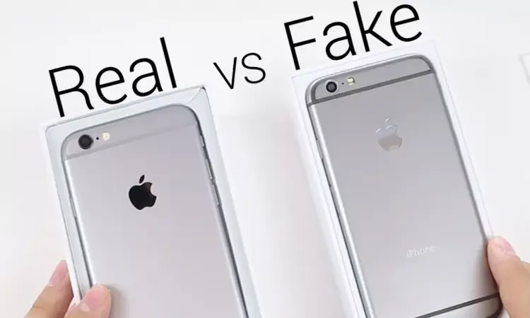 Perbandingan langsung iPhone asli vs palsu dengan tulisan Real vs Fake untuk panduan perbedaan iPhone ori dan KW.