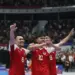 Pemain Timnas Futsal Indonesia nomor 6, 10, dan 9 menyapa suporter di stadion setelah memastikan tiket Final Piala Asia Futsal 2026.