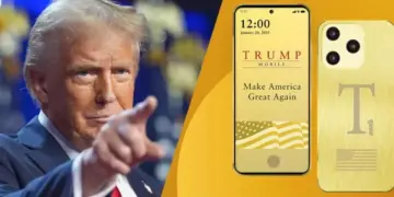 Kolase foto Donald Trump menunjuk ke depan di samping perangkat Trump Mobile T1.